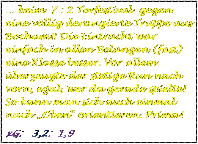 Textfeld:  beim  7 : 2 Torfestival  gegen eine vllig derangierte Truppe aus Bochum!! Die Eintracht war einfach in allen Belangen (fast) eine Klasse besser. Vor allem berzeugte der stetige Run nach vorn, egal, wer da gerade spielte! So kann man sich auch einmal nach Oben orientieren. Prima!
xG:   3,2:  1,9 



