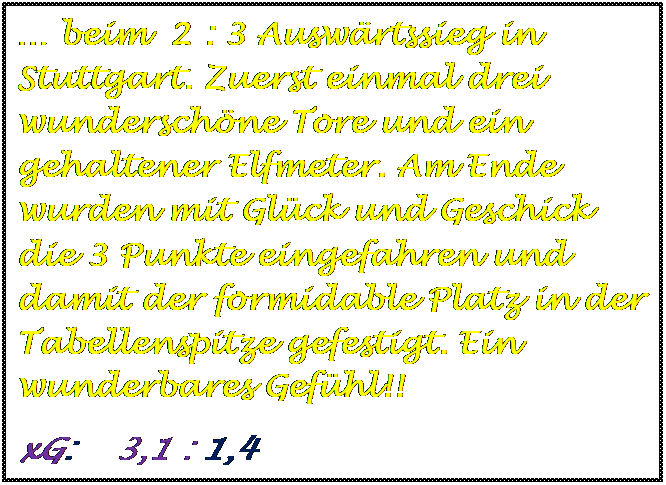 Textfeld:  beim  2 : 3 Auswrtssieg in Stuttgart. Zuerst einmal drei wunderschne Tore und ein gehaltener Elfmeter. Am Ende wurden mit Glck und Geschick die 3 Punkte eingefahren und damit der formidable Platz in der Tabellenspitze gefestigt. Ein wunderbares Gefhl!!
xG:    3,1 : 1,4



