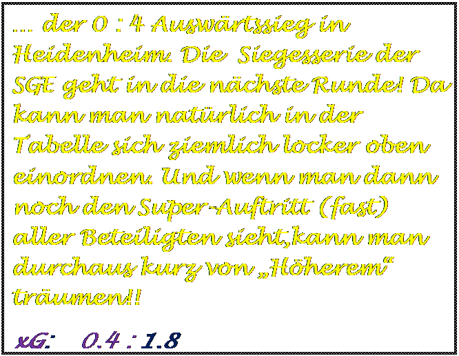 Textfeld:  der 0 : 4 Auswrtssieg in Heidenheim. Die  Siegesserie der SGE geht in die nchste Runde! Da kann man natrlich in der Tabelle sich ziemlich locker oben einordnen. Und wenn man dann noch den Super-Auftritt (fast) aller Beteiligten sieht,kann man durchaus kurz von Hherem trumen!!
xG:    0,4 : 1,8





xG:    3,1 : 1,4



