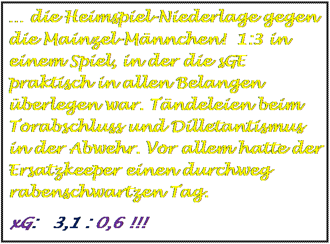 Textfeld:  die Heimspiel-Niederlage gegen die Mainzel-Mnnchen!  1:3 in einem Spiel, in der die sGE praktisch in allen Belangen berlegen war. Tndeleien beim Torabschluss und Dilletantismus in der Abwehr. Vor allem hatte der Ersatzkeeper einen durchweg rabenschwartzen Tag.
xG:   3,1 : 0,6 !!!

