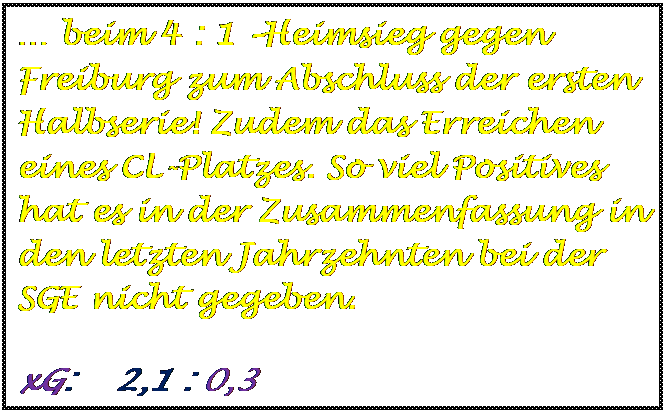 Textfeld:  beim 4 : 1 Heimsieg gegen Freiburg zum Abschluss der ersten  Halbserie! Zudem das Erreichen eines CL-Platzes. So viel Positives hat es in der Zusammenfassung in den letzten Jahrzehnten bei der SGE nicht gegeben.
	
	
	
	
	
	
	
	
	
xG:    2,1 : 0,3







xG:    3,1 : 1,4



