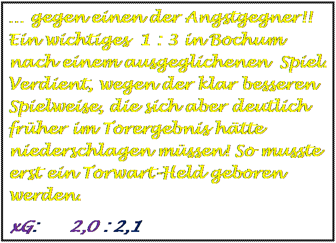 Textfeld:  gegen einen der Angstgegner!! Ein wichtiges  1 : 3 in Bochum nach einem ausgeglichenen  Spiel. Verdient, wegen der klar besseren Spielweise, die sich aber deutlich frher im Torergebnis htte niederschlagen mssen! So musste erst ein Torwart-Held geboren werden.
xG:      2,0 : 2,1

