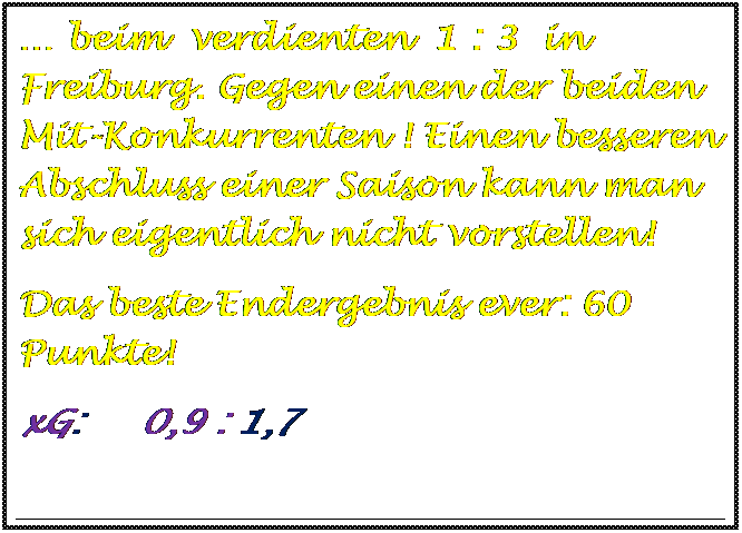 Textfeld:  beim  verdienten  1 : 3  in Freiburg. Gegen einen der beiden Mit-Konkurrenten ! Einen besseren Abschluss einer Saison kann man sich eigentlich nicht vorstellen! 
Das beste Endergebnis ever: 60 Punkte!
xG:     0,9 : 1,7

