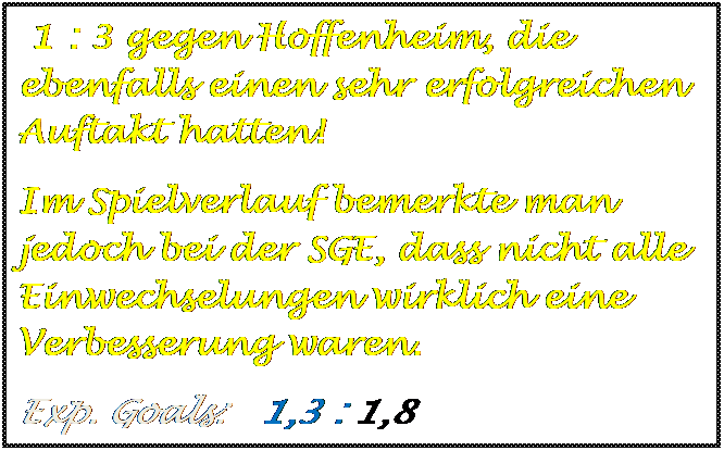 Textfeld:  1 : 3 gegen Hoffenheim, die ebenfalls einen sehr erfolgreichen Auftakt hatten!
Im Spielverlauf bemerkte man jedoch bei der SGE, dass nicht alle Einwechselungen wirklich eine Verbesserung waren.
Exp. Goals:   1,3 : 1,8



