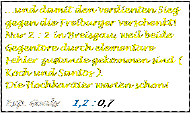 Textfeld: und damit den verdienten Sieg gegen die Freiburger verschenkt! Nur 2 : 2 in Breisgau, weil beide Gegentore durch elementare Fehler zustande gekommen sind ( Koch und Santos ).                      Die Hochkarter warten schon!
Exp. Goals:    1,2 : 0,7   

