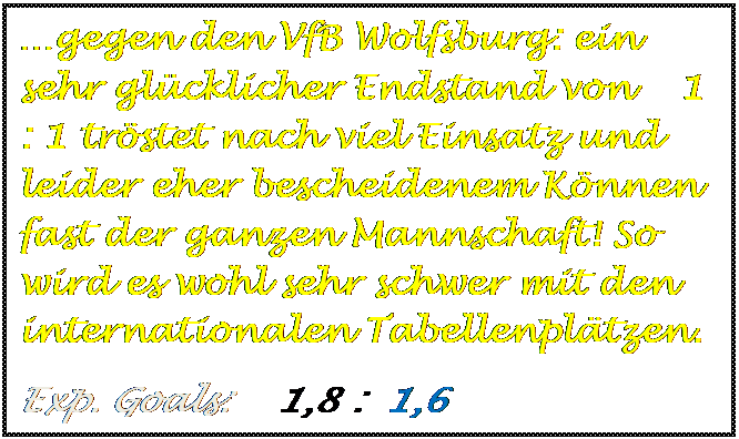 Textfeld: gegen den VfB Wolfsburg: ein sehr glcklicher Endstand von    1 : 1 trstet nach viel Einsatz und leider eher bescheidenem Knnen fast der ganzen Mannschaft! So wird es wohl sehr schwer mit den internationalen Tabellenpltzen.
Exp. Goals:    1,8 :  1,6

