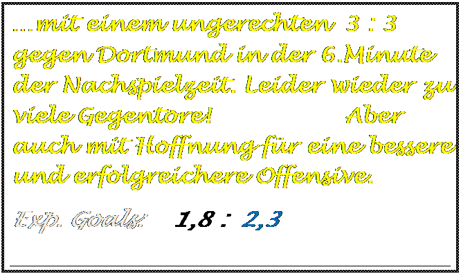 Textfeld: �mit einem ungerechten  3 : 3 gegen Dortmund in der 6.Minute der Nachspielzeit. Leider wieder zu viele Gegentore!                  Aber auch mit Hoffnung f�r eine bessere und erfolgreichere Offensive.
Exp. Goals:    1,8 :  2,3

