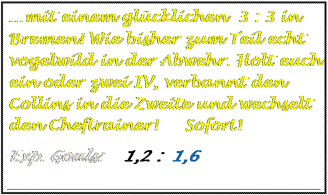 Textfeld: �mit einem gl�cklichen  3 : 3 in Bremen! Wie bisher zum Teil echt vogelwild in der Abwehr. Holt euch ein oder zwei IV, verbannt den Collins in die Zweite und wechselt den Cheftrainer!     Sofort!
Exp. Goals:    1,2 :  1,6


