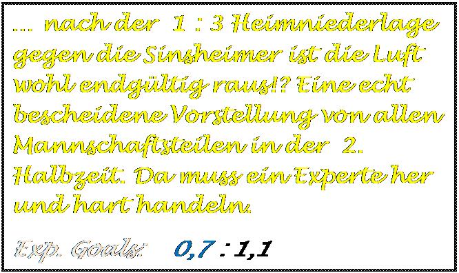 Textfeld: � nach der  1 : 3 Heimniederlage gegen die Sinsheimer ist die Luft wohl endg�ltig raus!? Eine echt bescheidene Vorstellung von allen Mannschaftsteilen in der  2. Halbzeit. Da muss ein Experte her und hart handeln.
Exp. Goals:    0,7 : 1,1

