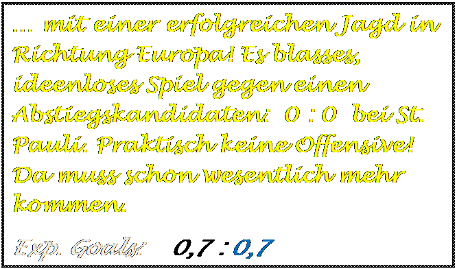Textfeld: � mit einer erfolgreichen Jagd in  Richtung Europa! Es blasses, ideenloses Spiel gegen einen Abstiegskandidaten:  0 : 0  bei St. Pauli. Praktisch keine Offensive! Da muss schon wesentlich mehr kommen.
Exp. Goals:    0,7 : 0,7

