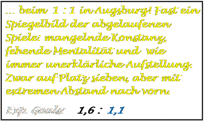 Textfeld: � beim  1 : 1 in Augsburg! Fast ein Spiegelbild der abgelaufenen Spiele: mangelnde Konstanz, fehende Mentalit�t und  wie  immer unerkl�rliche Aufstellung. Zwar auf Platz sieben, aber mit extremen Abstand nach vorn.
Exp. Goals:    1,6 :  1,1

